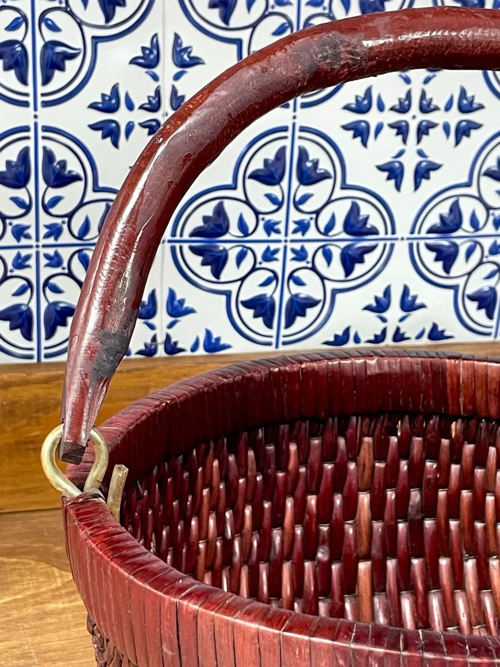Vintage Chinese Lacquered Woven Harvest Basket Wooden Handle Asian Rustic Decor